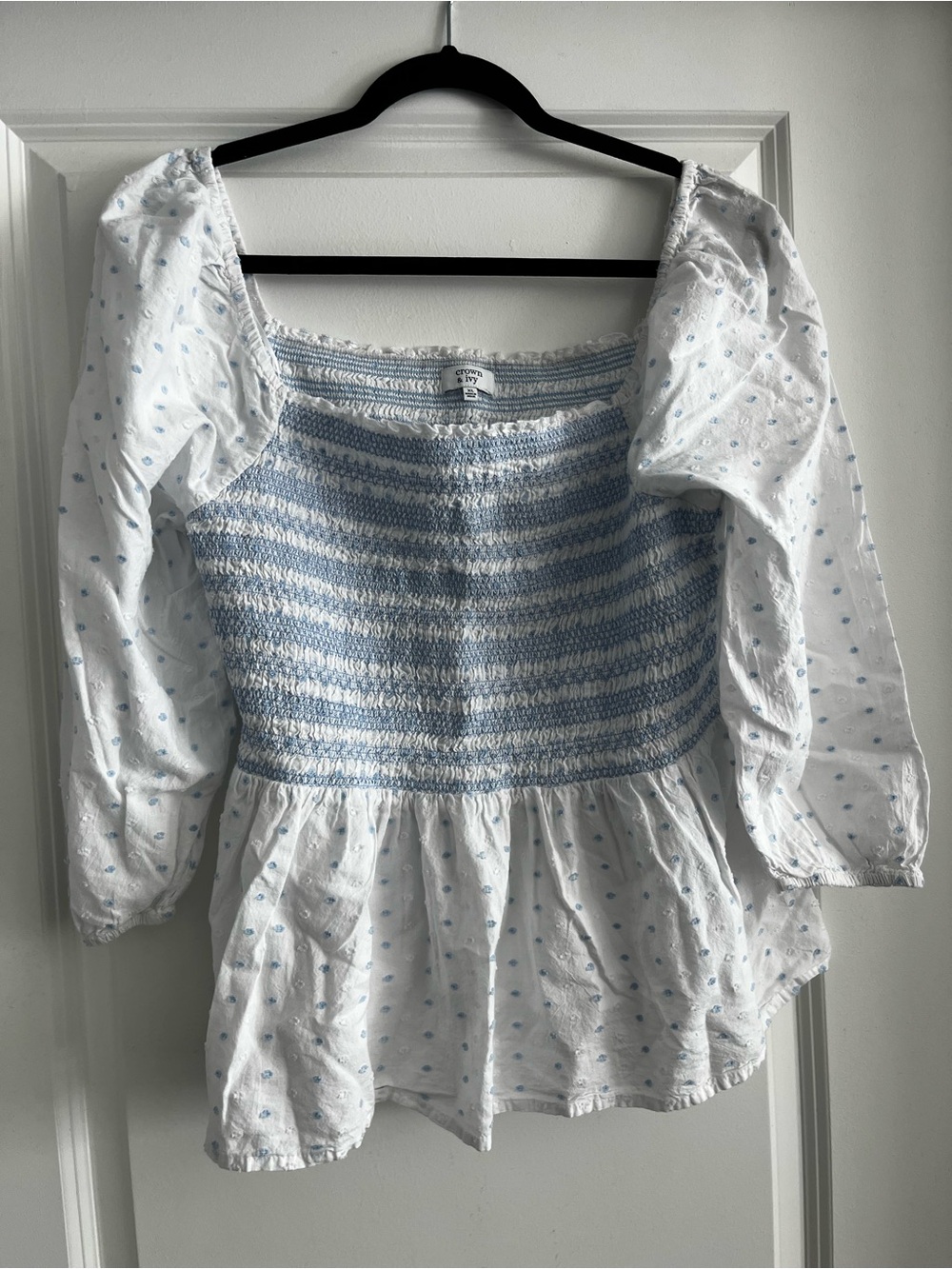 Smocked Square-Neck Top - Light Blue & White